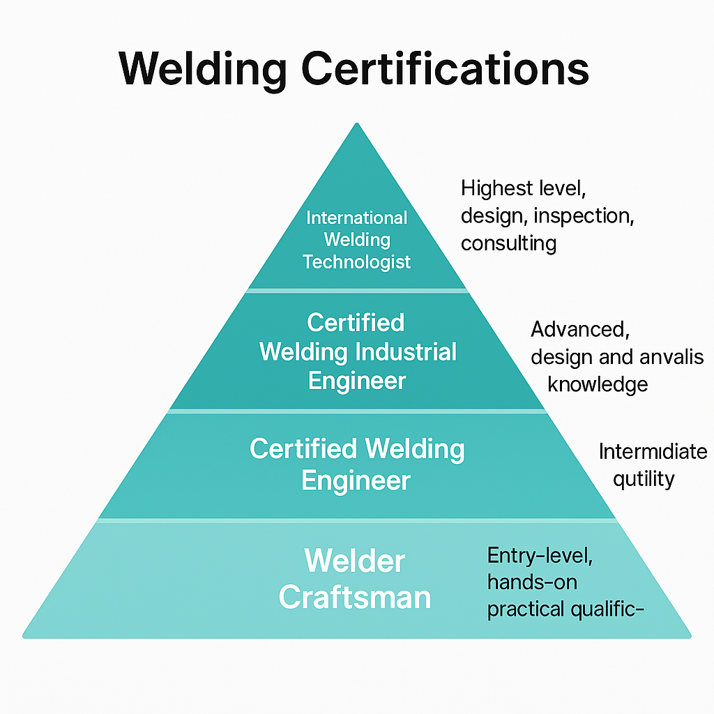 Pyramid diagram showing levels of welding certification including Welder Craftsman, Welding Technician, and Welding Engineer
