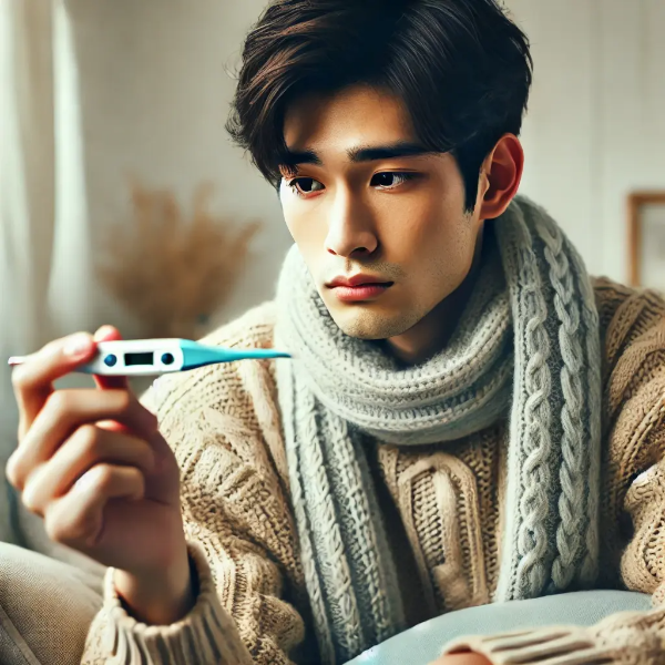 소파에 앉아 여러 겹으로 옷을 껴입고 체온계로 체온을 확인하는 젊은 동양 남성