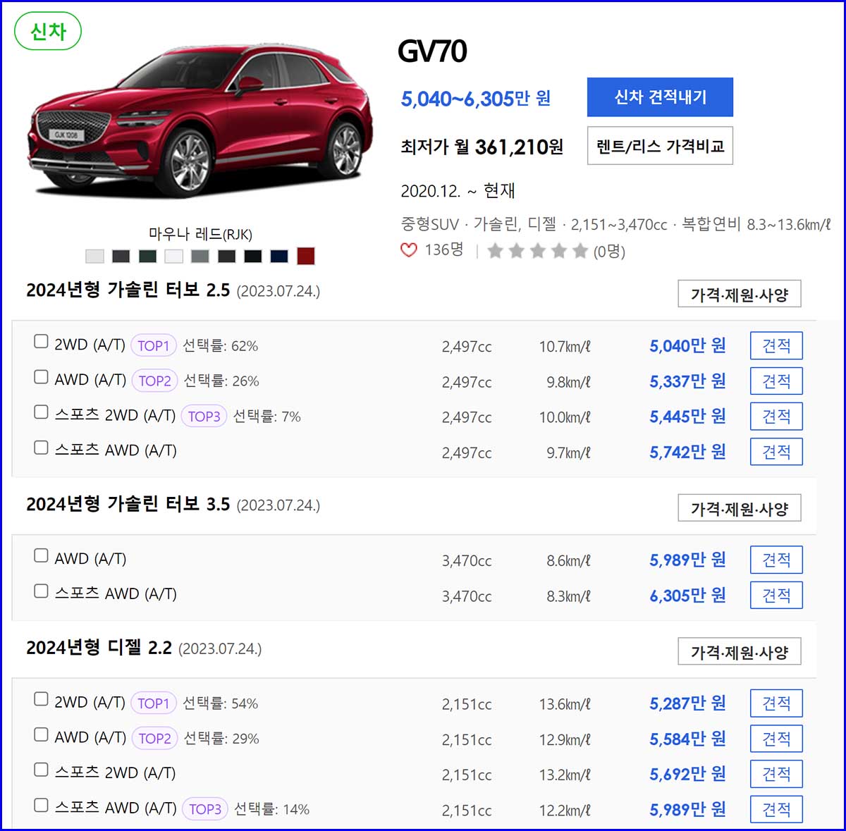 2024 제네시스 GV70 가격 하이브리드 가격표 카탈로그 다운로드 정보