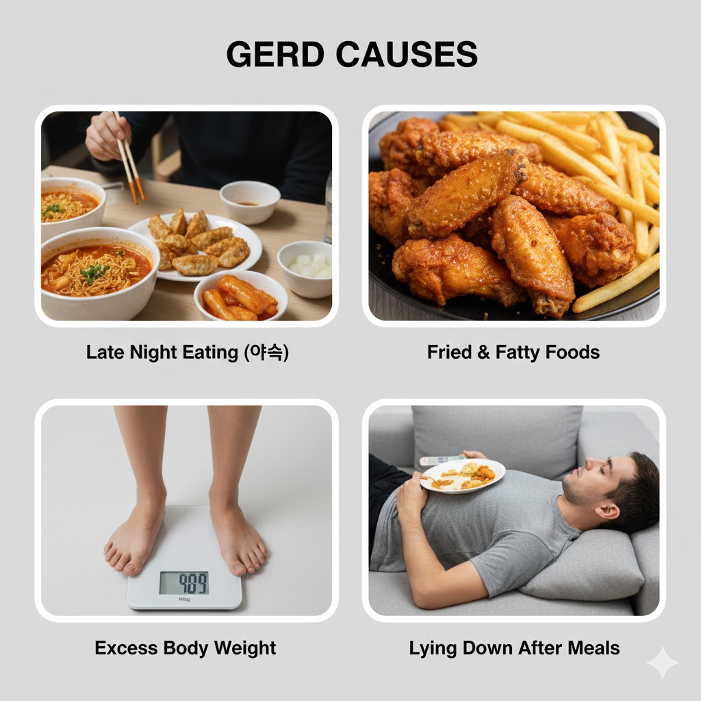 역류성 식도염 원인 4가지 - 야식, 기름진음식, 비만, 식후 눕기
