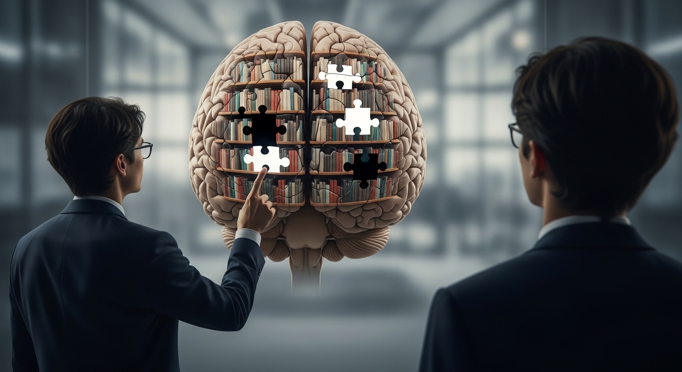 메타인지 개념 이미지. 한 사람이 자신의 뇌를 객관적으로 들여다보며 무엇을 알고 모르는지 파악하고 학습 전략을 세우는 모습을 상징적으로 표현합니다.