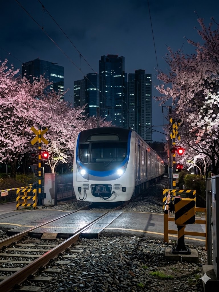 밤에 핀 벚꽃 사이로 운행 중인 도시 전철 풍경