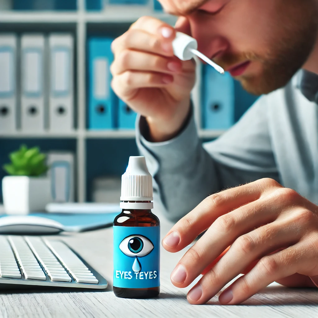 "안구 건조 예방을 위해 인공 눈물을 사용하고 있는 사람과 책상 위에 놓인 눈물병"