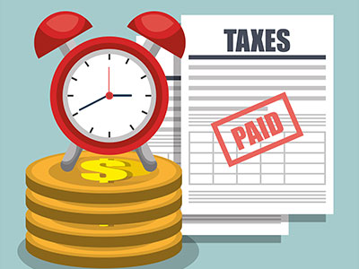 빨간 자명종 시계가 동전 위에 놓여 있고&amp;#44; &amp;#39;PAID&amp;#39; 도장이 찍힌 세금 문서가 함께 있는 일러스트 이미지입니다
