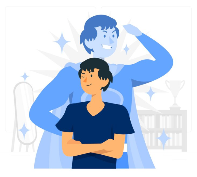 자신감을 가진 남성과 내면의 슈퍼히어로를 표현한 자기효능감 일러스트