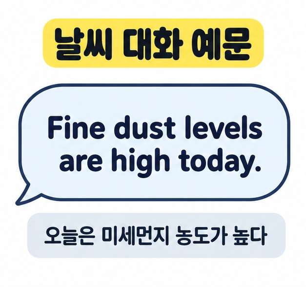 Fine dust levels are high today. 영어 예문을 말풍선에 표시하고 오늘은 미세먼지 농도가 높다는 한국어 뜻을 아래에 배치한 카드