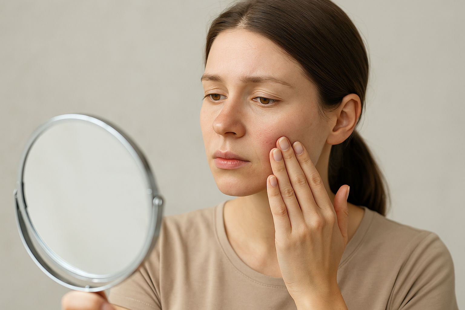 피부노화로 인해 거울을 보며 고민하고 있는 여성 이미지