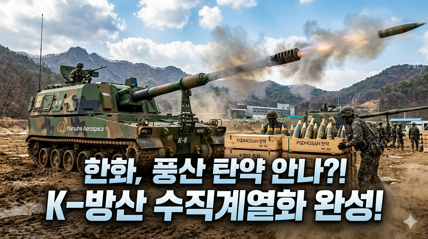 야외 사격 훈련장에서 한화에어로스페이스 K-9 자주포가 탄약을 발사하는 역동적인 모습과 그 옆에 '풍산' 로고가 적힌 포탄 상자를 군인들이 옮기는 장면을 합성한 블로그 썸네일. 이미지 하단에는 "한화, 풍산 탄약 안나?! K-방산 수직계열화 완성!"이라는 큰 흰색 글씨의 자극적인 제목 문구가 배치되어 있다.