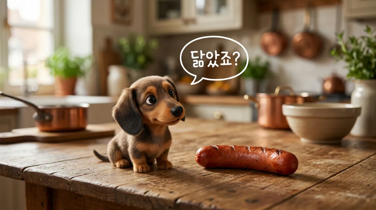 길쭉한 프랑크푸르트 소시지와 닮은꼴인 닥스훈트 강아지의 비교 사진