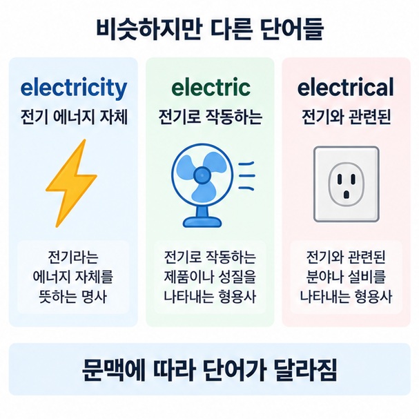 electricity와 electric, electrical의 뜻과 주요 쓰임을 비교한 이미지
