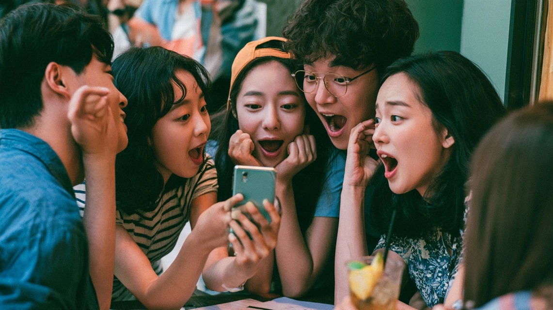 새 스마트폰을 구경하며 이야기 나누는 모임 사람들