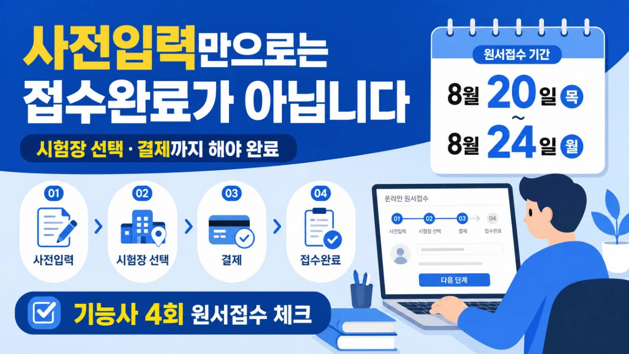 큐넷 기능사 4회 사전입력과 원서접수 완료 절차를 설명하는 대표 이미지