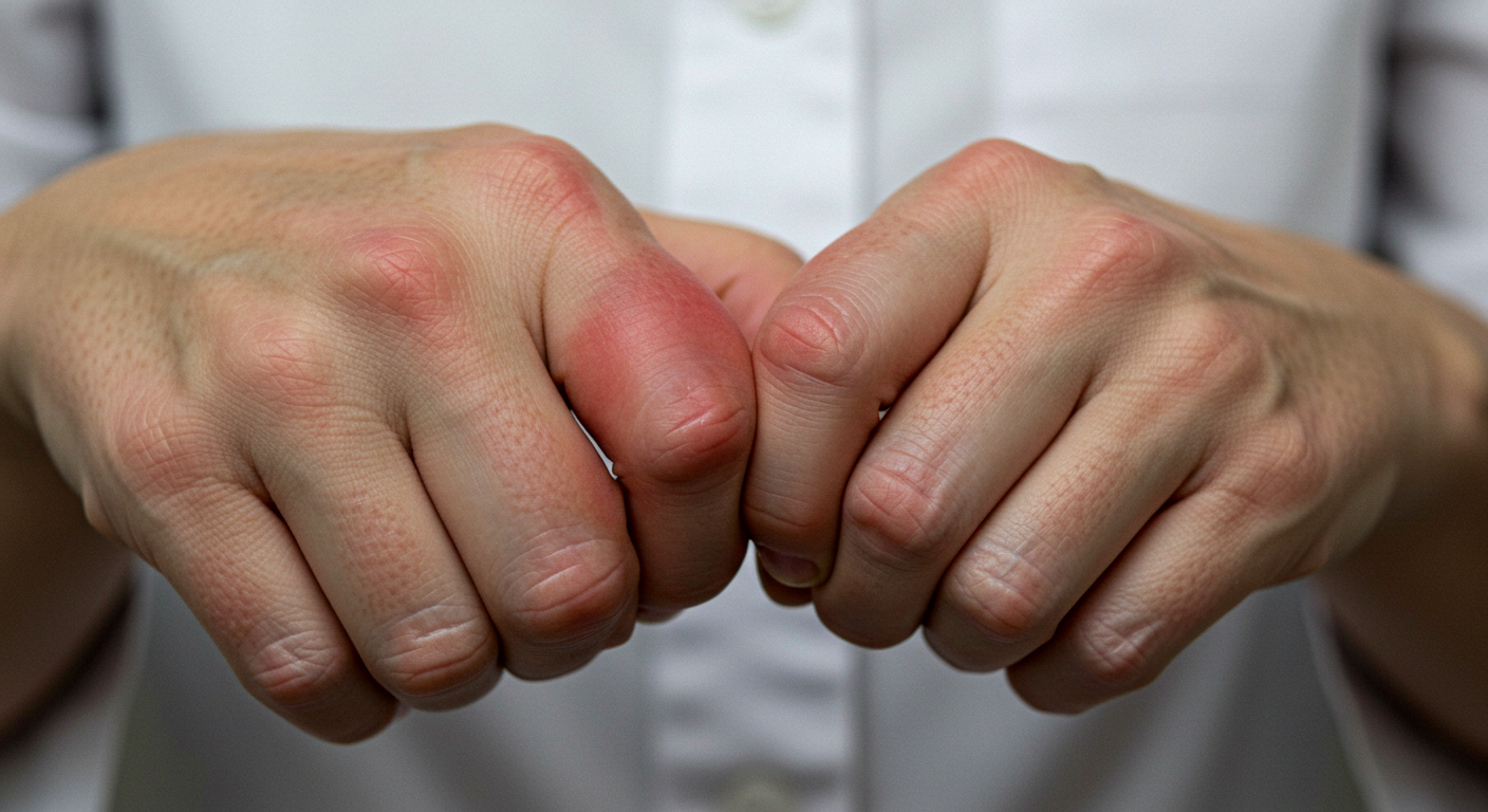 류마티스 관절염으로 인해 붓고 빨갛게 변한 손가락 관절 클로즈업 사진