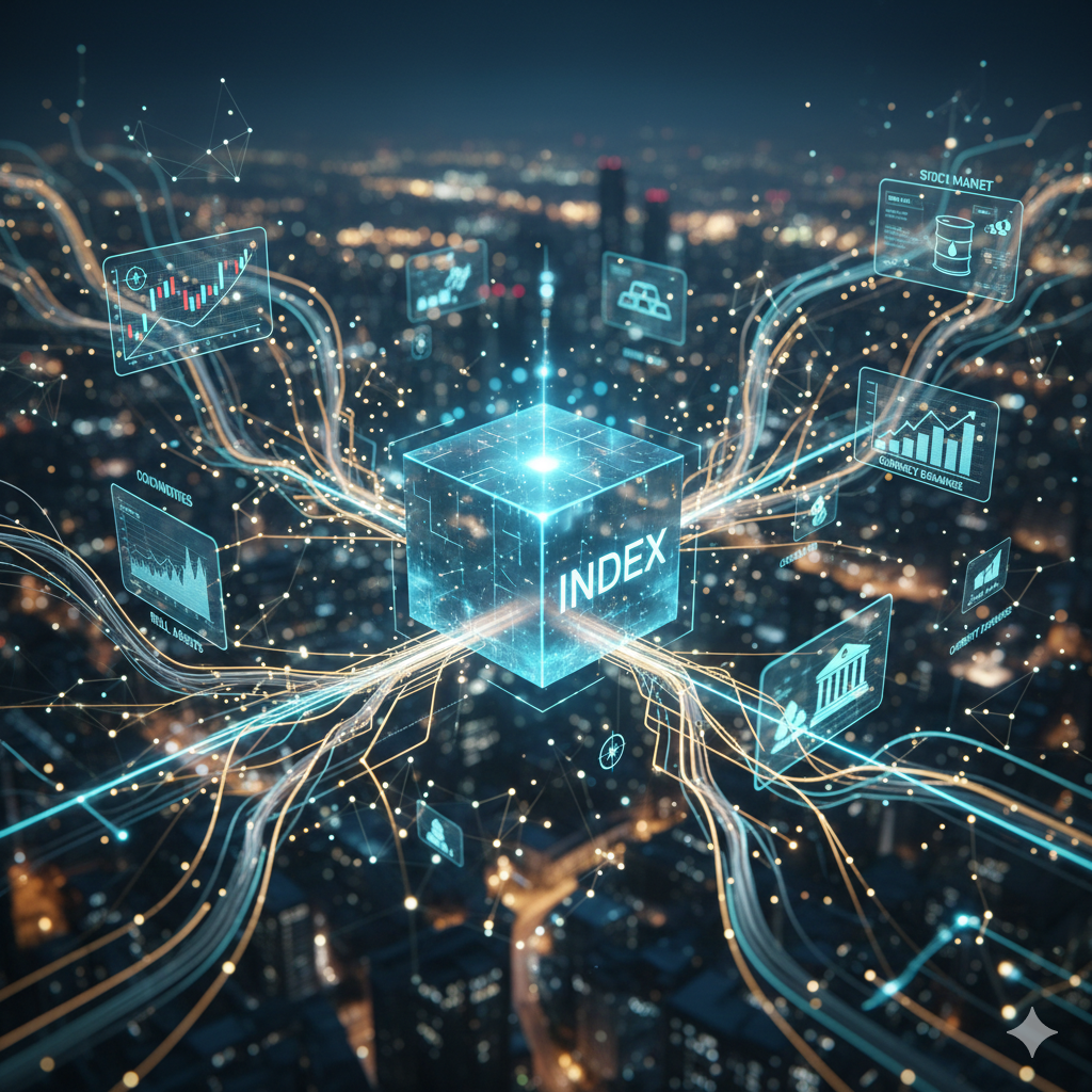 도시 야경을 배경으로 데이터 네트워크와 금융 지표들이 연결된 금융지수(INDEX) 중심의 입체적인 인포그래픽 AI 생성 이미지