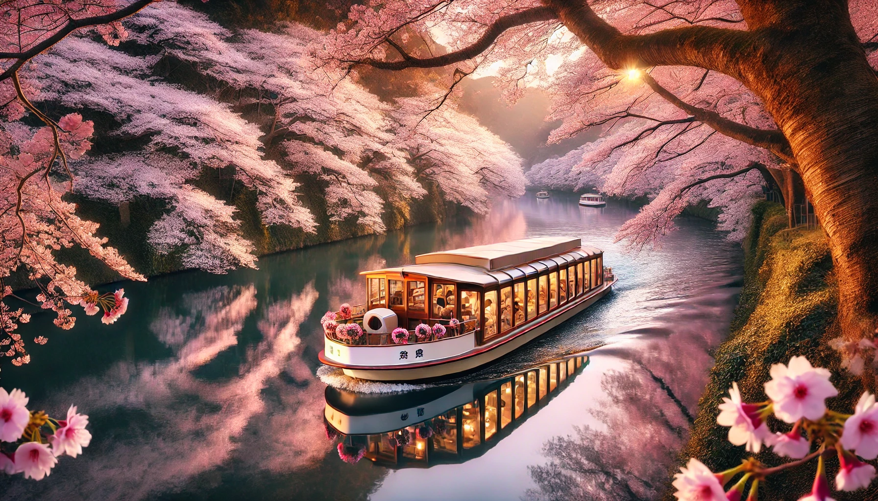 벚꽃이 흐드러진 강변을 따라 유유히 흐르는 크루즈 배