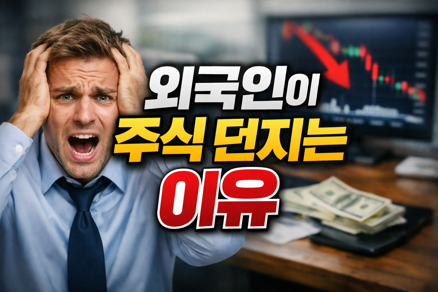 외국인 매도 증가와 달러 강세 영향으로 하락하는 주식 차트를 보며 불안해하는 투자자 이미지