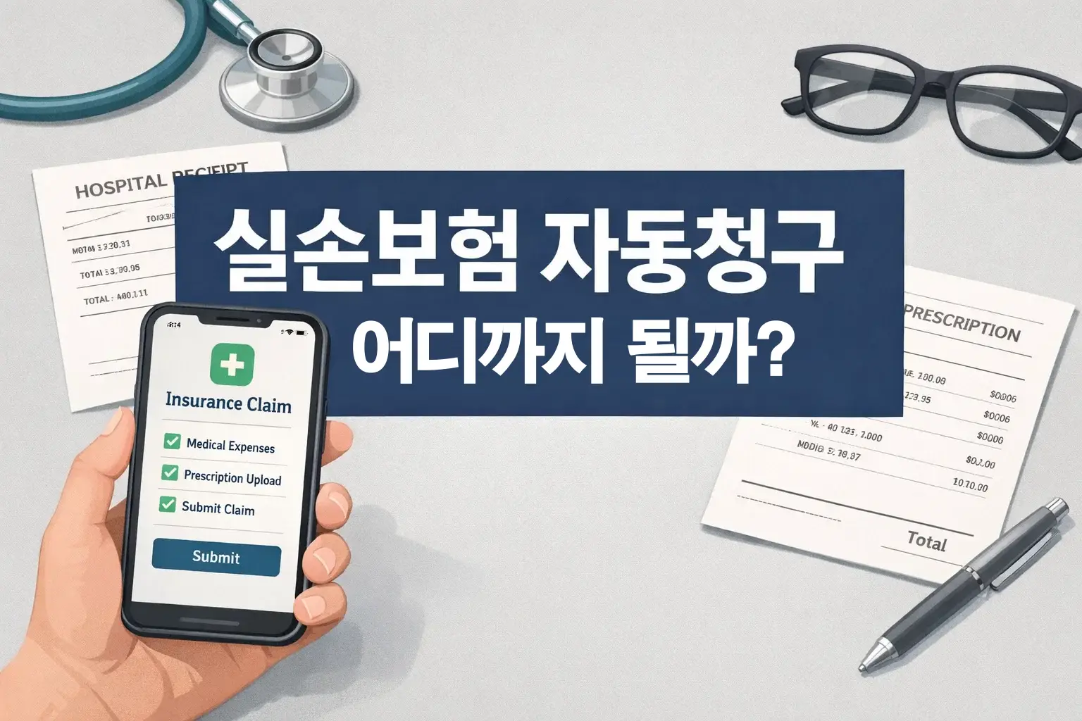 병원 영수증과 처방전, 모바일 청구 화면 구성을 통해 실손보험 자동청구가 어디까지 연결되는지 확인하도록 보여주는 이미지
