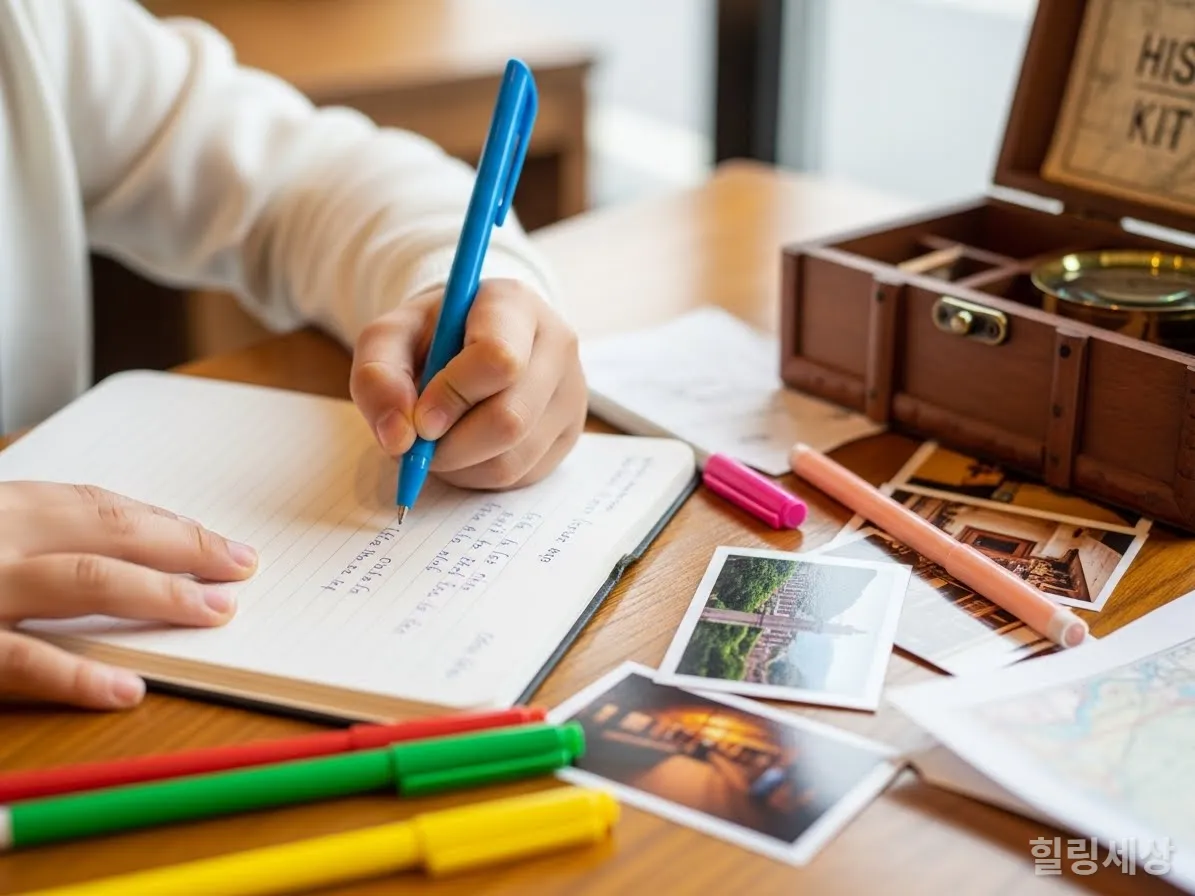 박물관 관람 후 카페에서 체험학습 보고서를 작성하는 아이의 손과 필기구