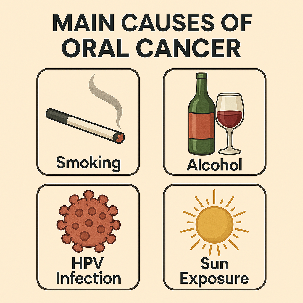 구강암 원인 그림으로
담배, 술, HPV, 햇빛이 그려져 있어
