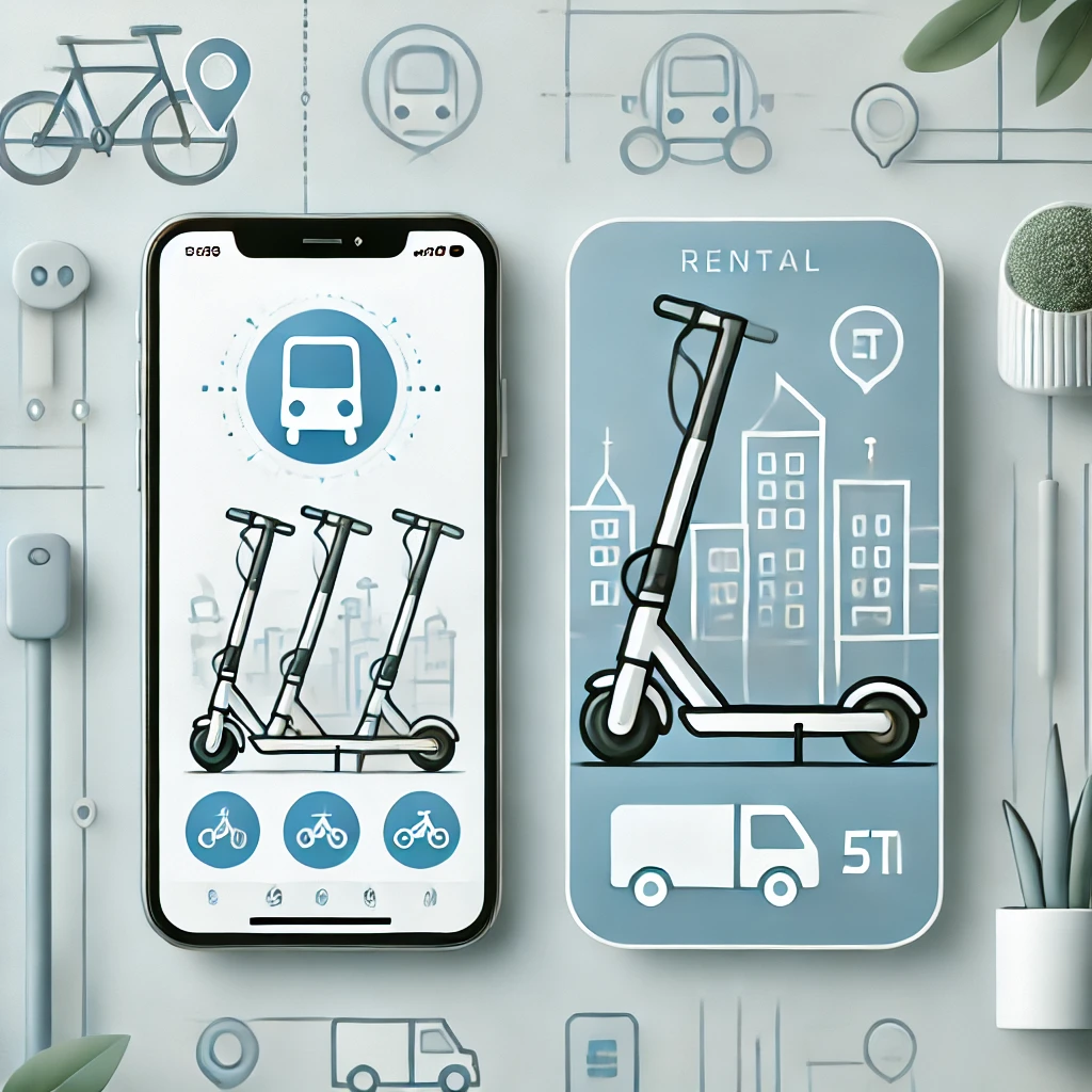 전동킥보드, 렌탈 앱, 가격 태그, 도시 배경을 포함한 깔끔하고 현대적인 썸네일.
