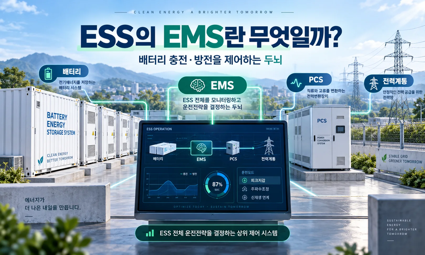 ESS의 EMS가 배터리와 PCS를 연결해 충전과 방전 운전전략을 결정하는 구조를 설명한 대표 이미지