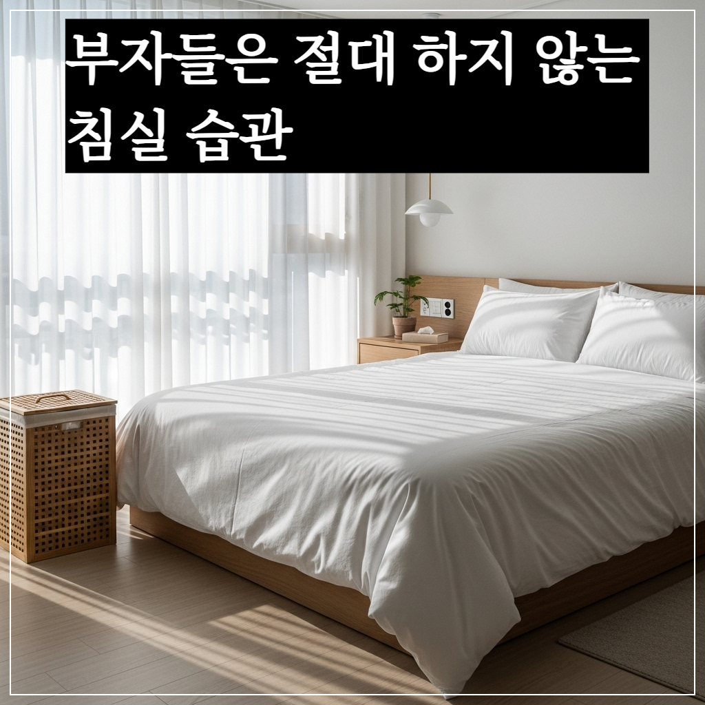 재물운을 높이기 위해 깨끗하게 정돈된 침대와 전용 수납함이 있는 침실 풍수 인테리어