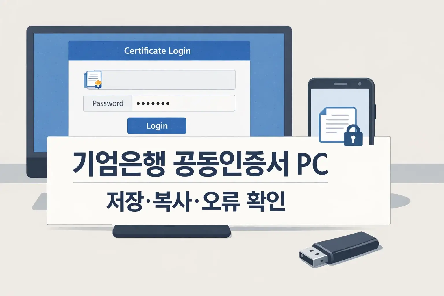 기업은행 공동인증서 PC 사용 흐름을 한눈에 보여주며 저장 위치 확인과 복사 방법, 오류 확인 포인트까지 함께 이해하도록 구성한 썸네일 이미지