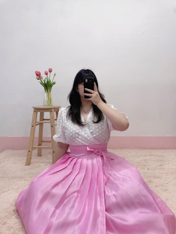 전통 양단 연핑크 허리치마 생활한복, 수수한 한복