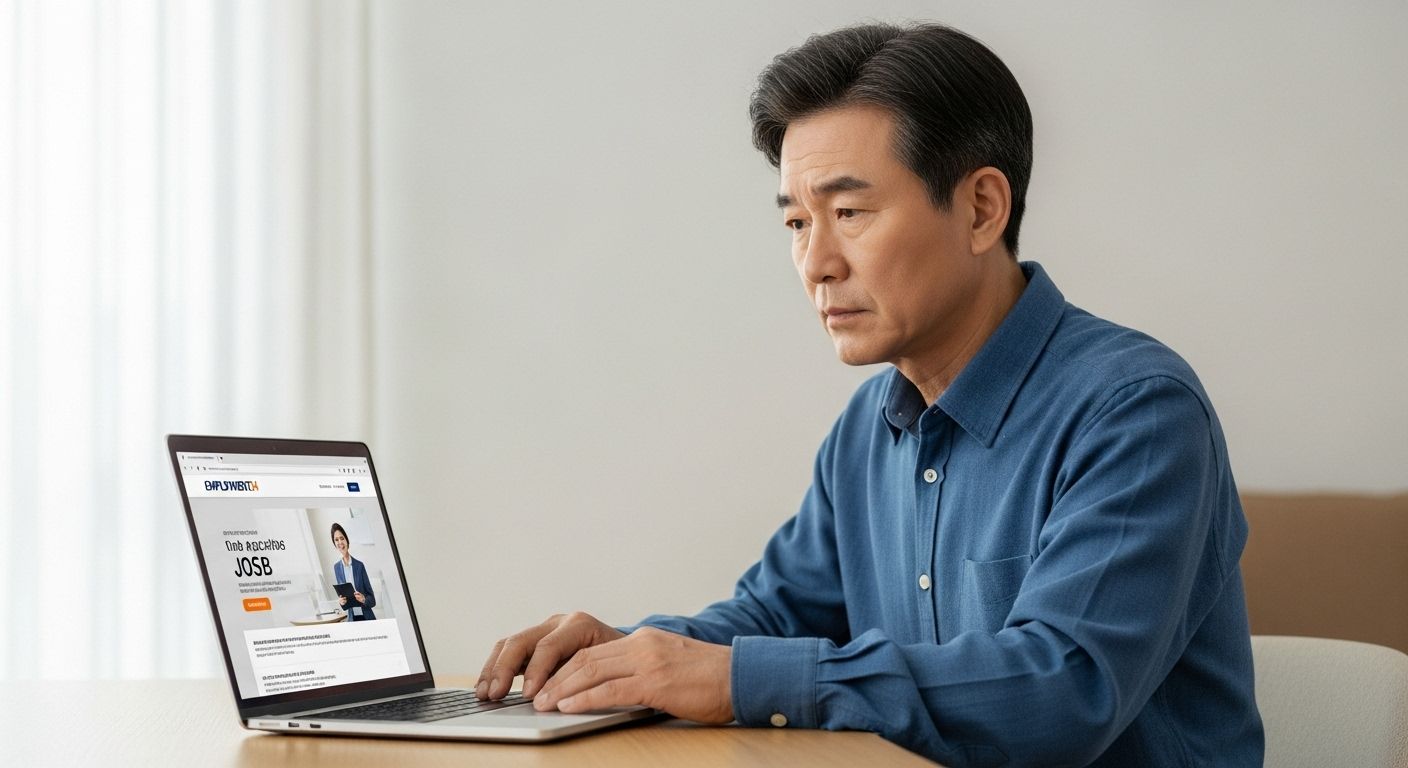 "퇴직 후 구직신청을 위해 고용24 사이트를 보는 한국 중년 남성, 노트북 앞에 앉은 모습
