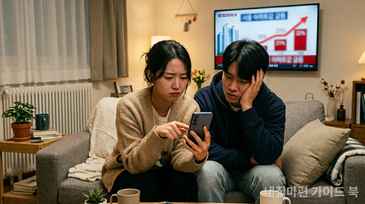 스마트폰으로 집값을 확인하며 좌절하는 한국의 젊은 세대
