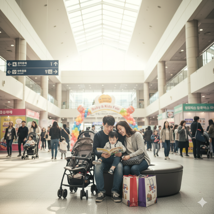 SETEC 로비 중앙, 잠시 혼잡을 피해 쉬는 가족의 모습