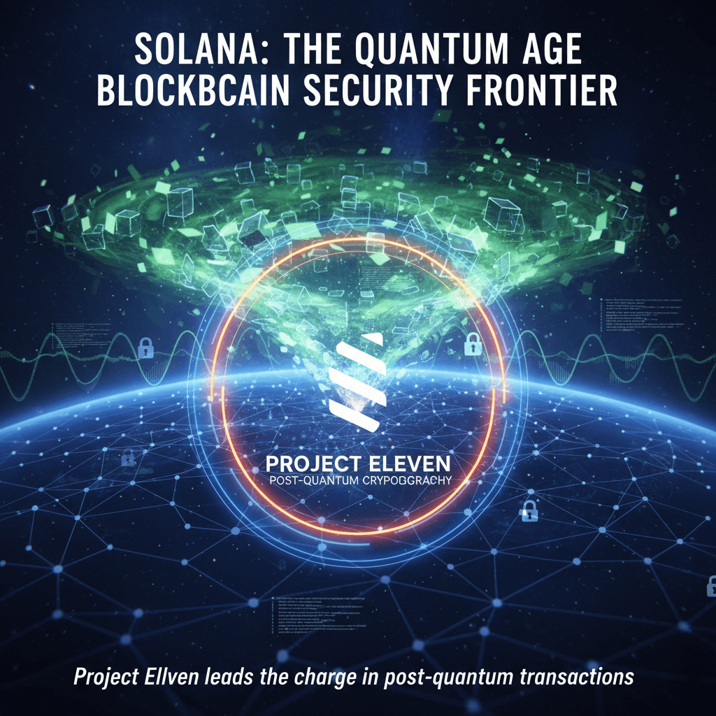 솔라나와 프로젝트 일레븐 로고, 양자 암호화 그래픽이 있는 블록체인 보안 이미지. 포스트 양자 거래 선도를 강조한다.