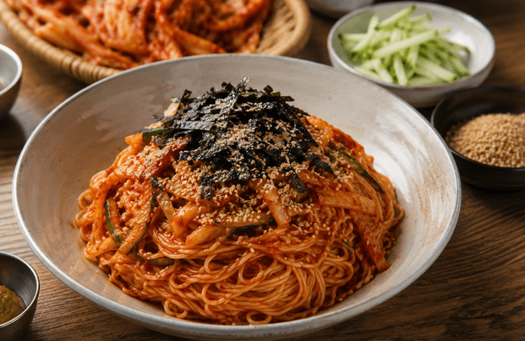 김가루 올린 김치비빔국수