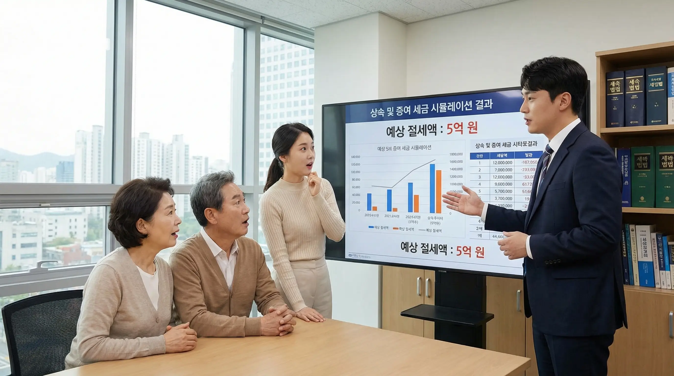 세무사 사무실에서 한국인 가족 세 명이 상속과 증여 세금 시뮬레이션 결과를 화면으로 보며 전문가 설명을 듣는 모습
