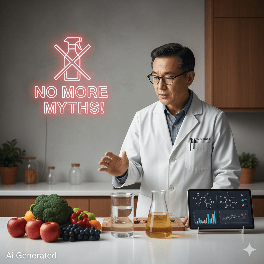 실험 도구와 과일, 채소를 앞에 두고 과일 세척의 화학적 원리를 설명하는 과학자의 모습