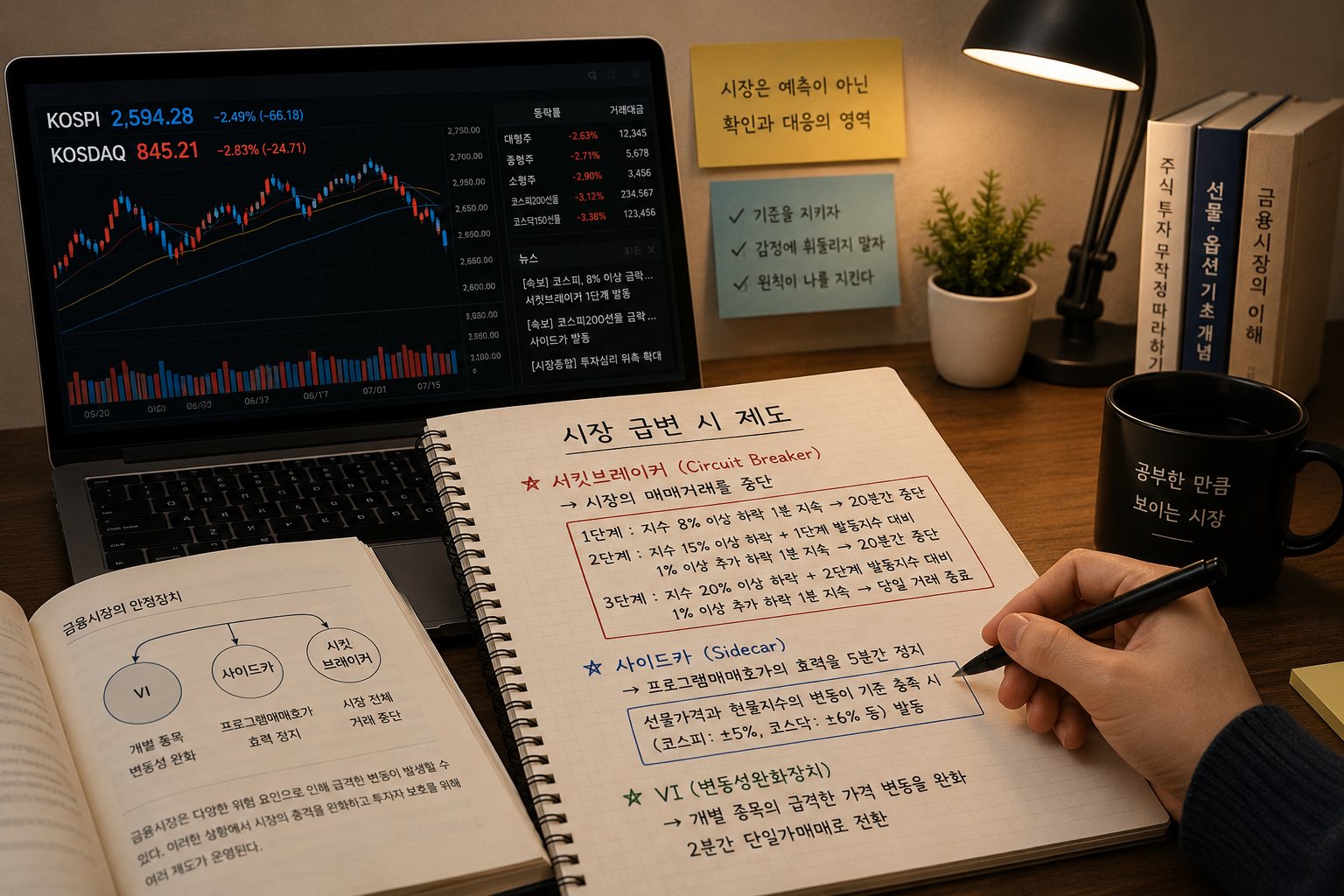 서킷브레이커와 사이드카의 차이를 공부하는 모습.