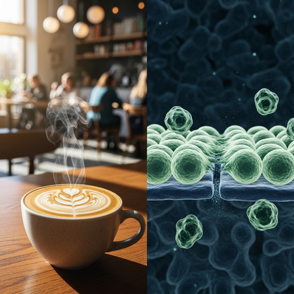 카페 음료 속 첨가물이 장 건강에 미치는 영향을 상징하는 모습