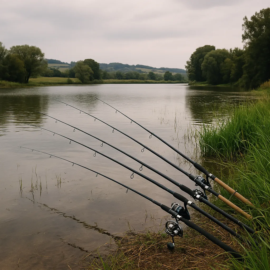 강화도 저수지에서 낚싯대를 설치해 놓은 풍경
