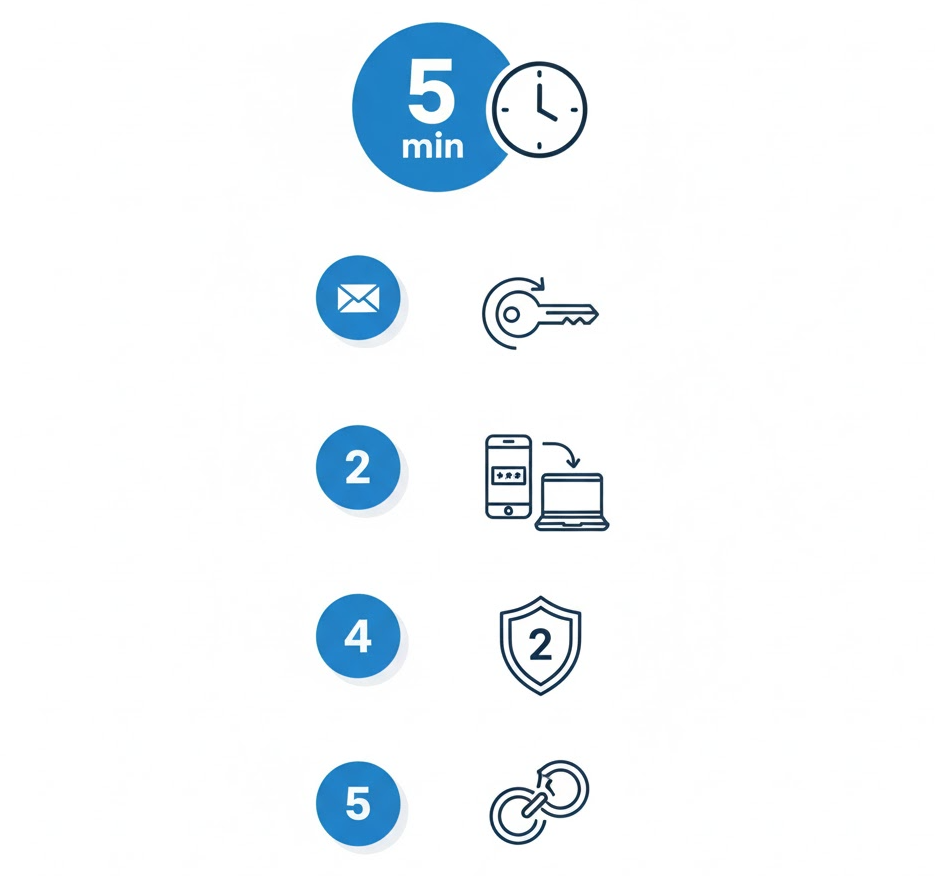 인스타그램 계정 해킹 시 5분 내 해야 할 조치를 단계별로 정리한 그래픽(텍스트 없이 아이콘 중심)