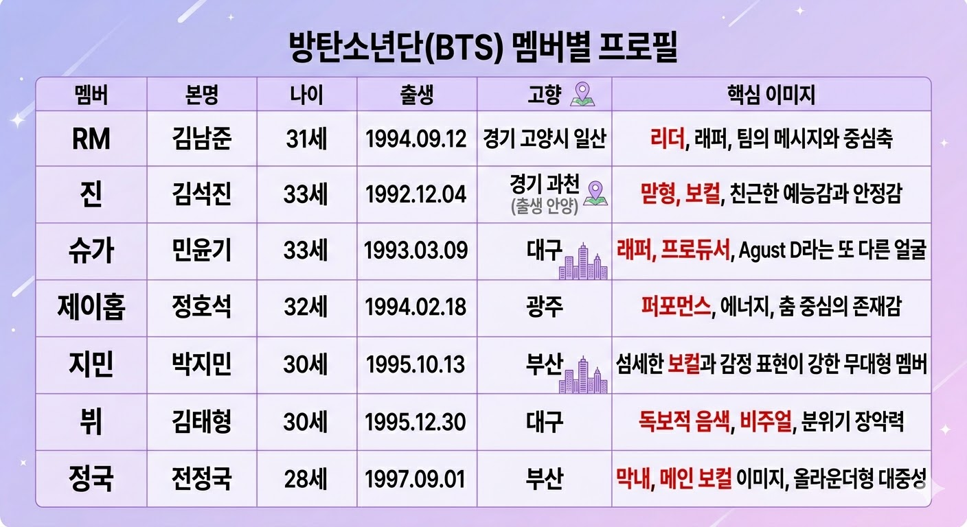 BTS 멤버 이름 프로필 요약표 이미지