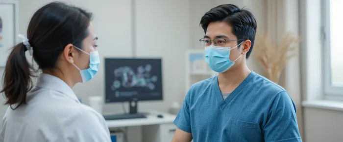 DNA 주사 시술 이후 경과 상담을 받고 있는 남성