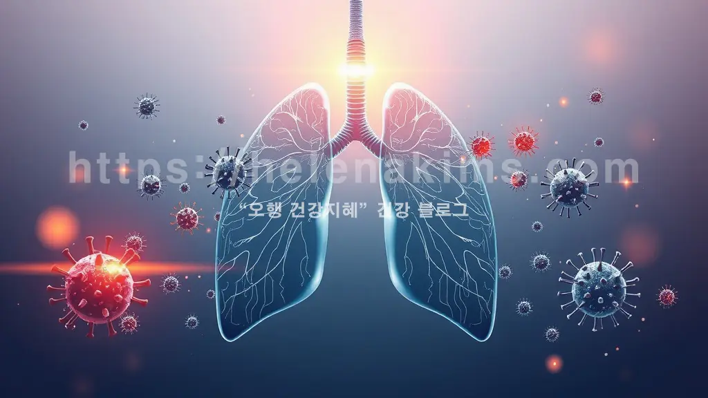 차가운 겨울 공기에 노출된 인간 폐의 실루엣이 중앙에 위치한다. 폐 주변으로는 바이러스 입자들이 위협적인 이미지.