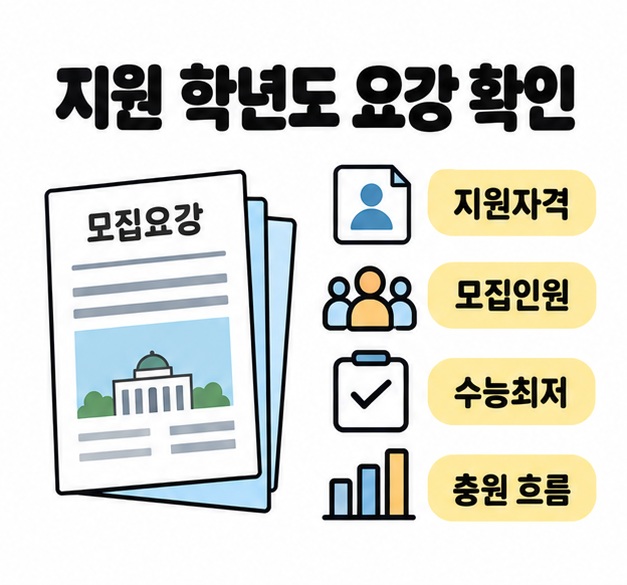 모집요강 그림 옆에 지원자격, 모집인원, 수능최저, 충원 흐름을 표시해 지원 학년도의 요강을 확인하도록 안내한 이미지