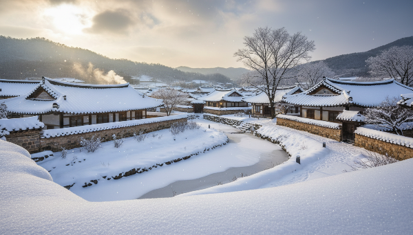 하얀 눈으로 뒤덮인 고요한 한국 전통 한옥 마을의 겨울 풍경.