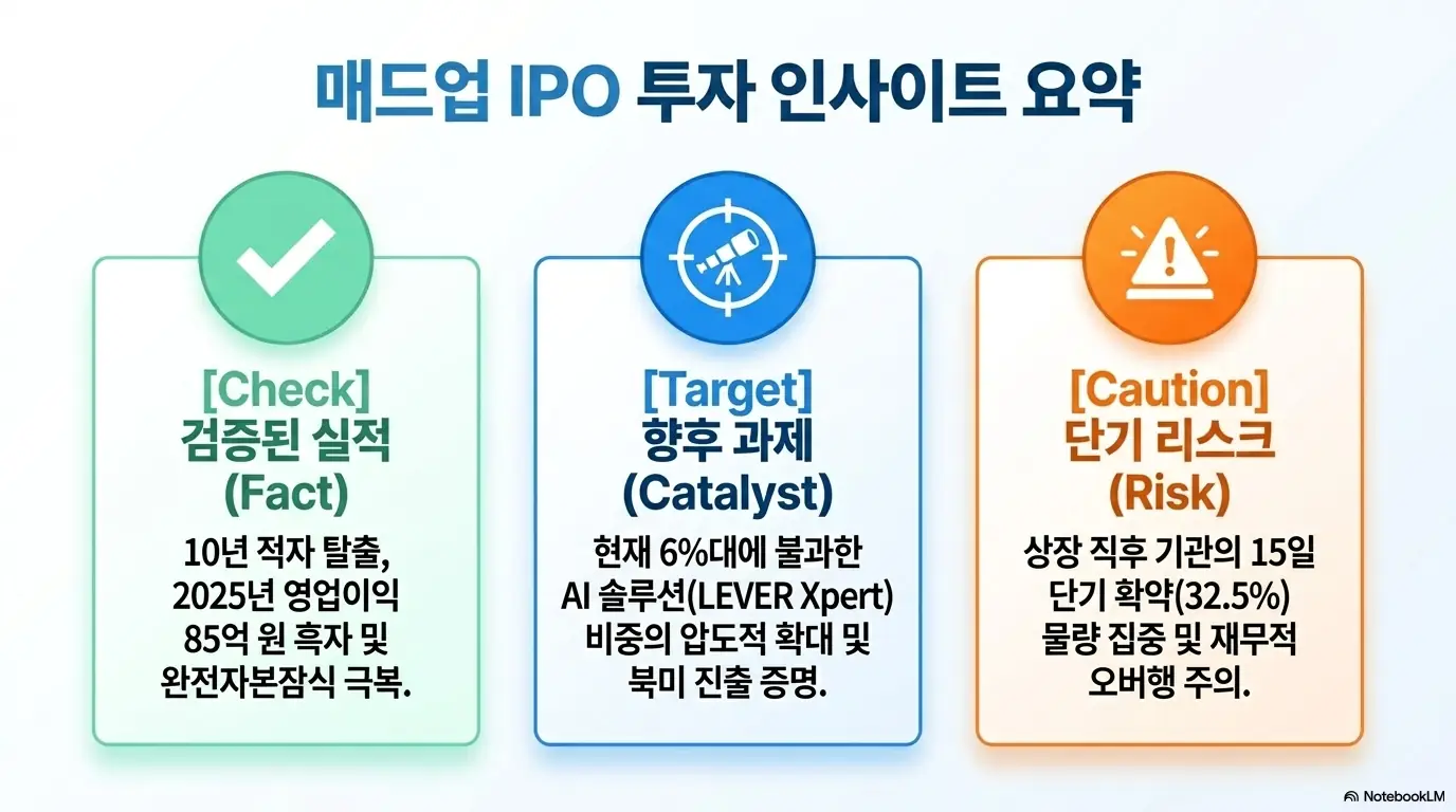 매드업 상장: 매드업 IPO 투자 인사이트를 세 갈래로 요약한 인포그래픽. 검증된 실적(10년 적자 탈출&middot;2025년 영업이익 85억 흑자&middot;자본잠식 극복)&amp;#44; 향후 과제(6%대 솔루션 매출 비중 확대&middot;북미 진출 증명)&amp;#44; 단기 리스크(상장 직후 기관 15일 단기 확약 32.5%&middot;오버행 주의)를 시각적으로 설명함 