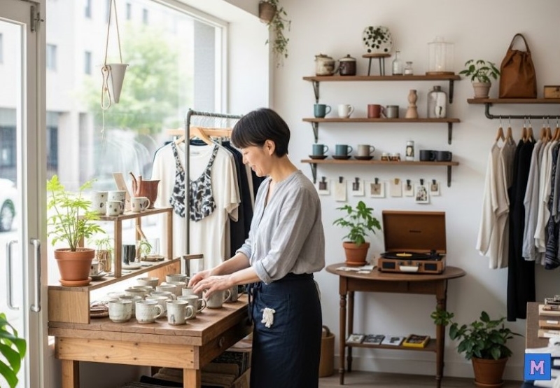 매출 감소를 겪고 있는 소상공인 사장이 매장에서 운영 현황을 점검하는 모습 via Gemini