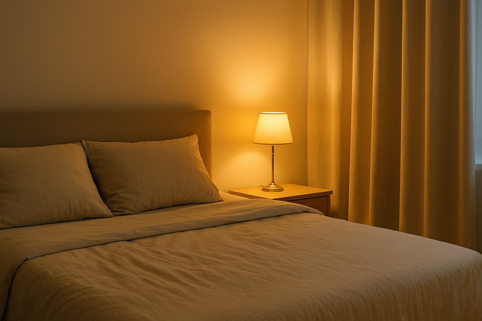 은은한 조명과 베이지톤 색상으로 꾸민 편안한 침실