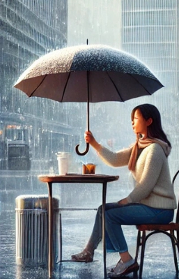 우산을 쓰고 밖에서 앉아 있는 여자의 모습