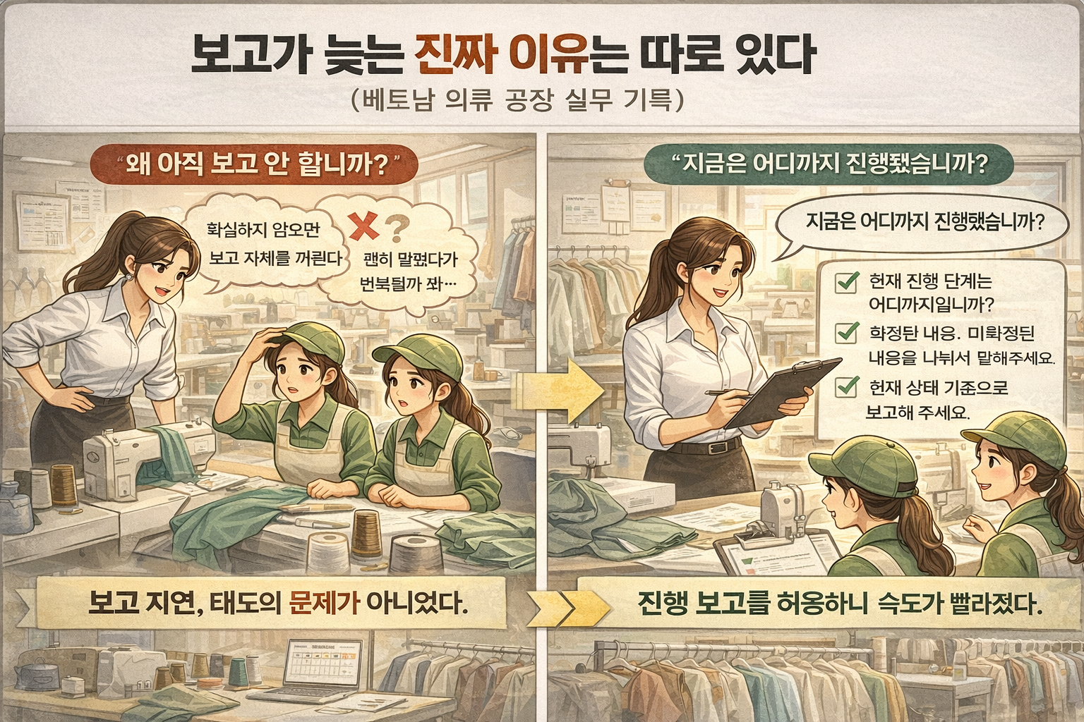 베트남 의류 공장에서 보고 지연 상황과 진행 보고 방식 개선을 대비해 보여주는 일러스트