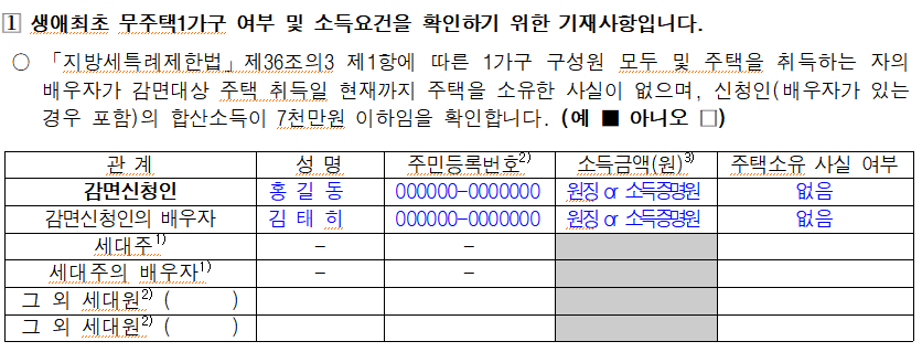 생애최초 취득세 감면신청서 뒷면 예시